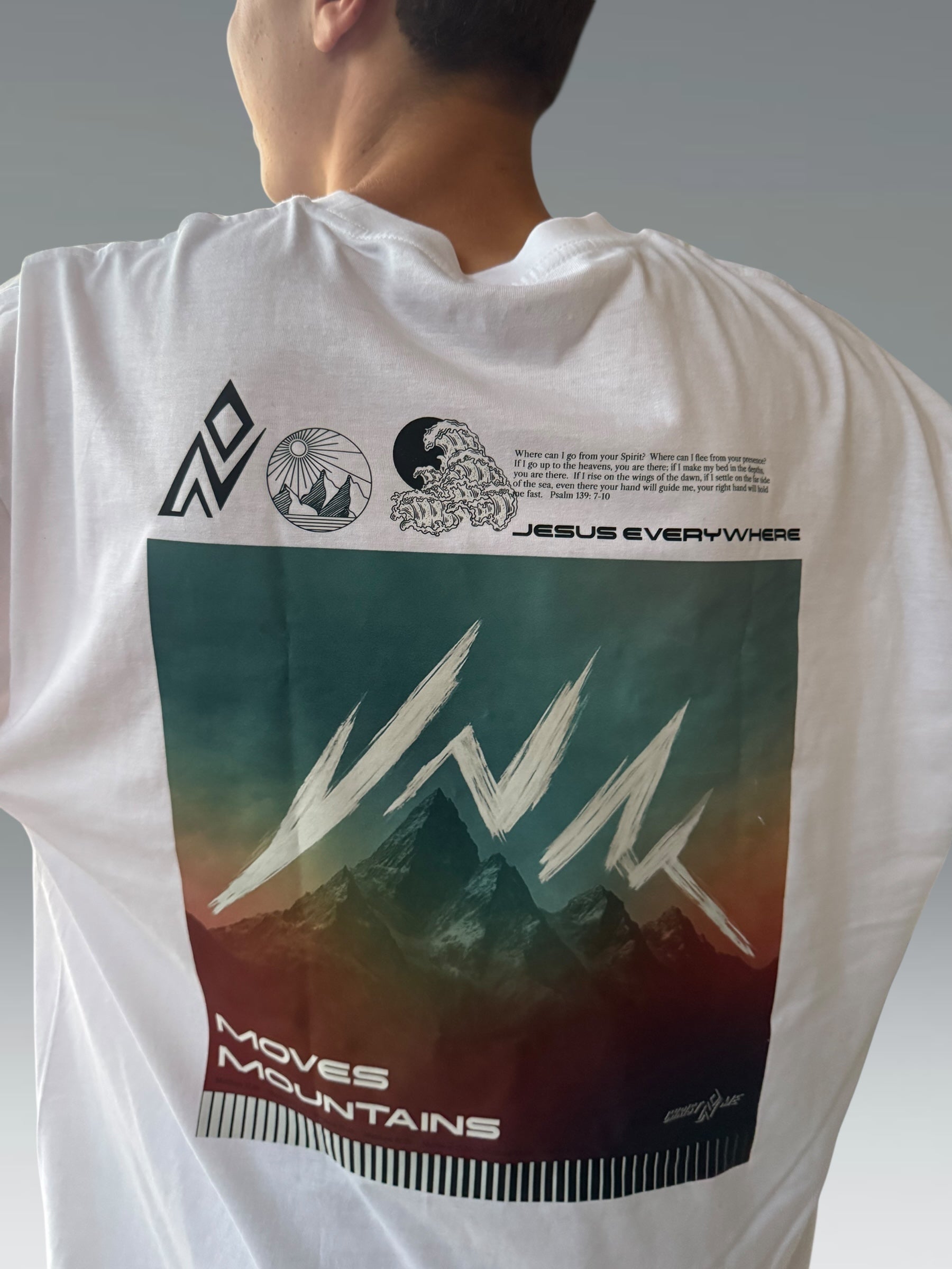 JESUS EVERYWHERE FAITH MOVES MOUNTAINS OVERSIZED TEE
