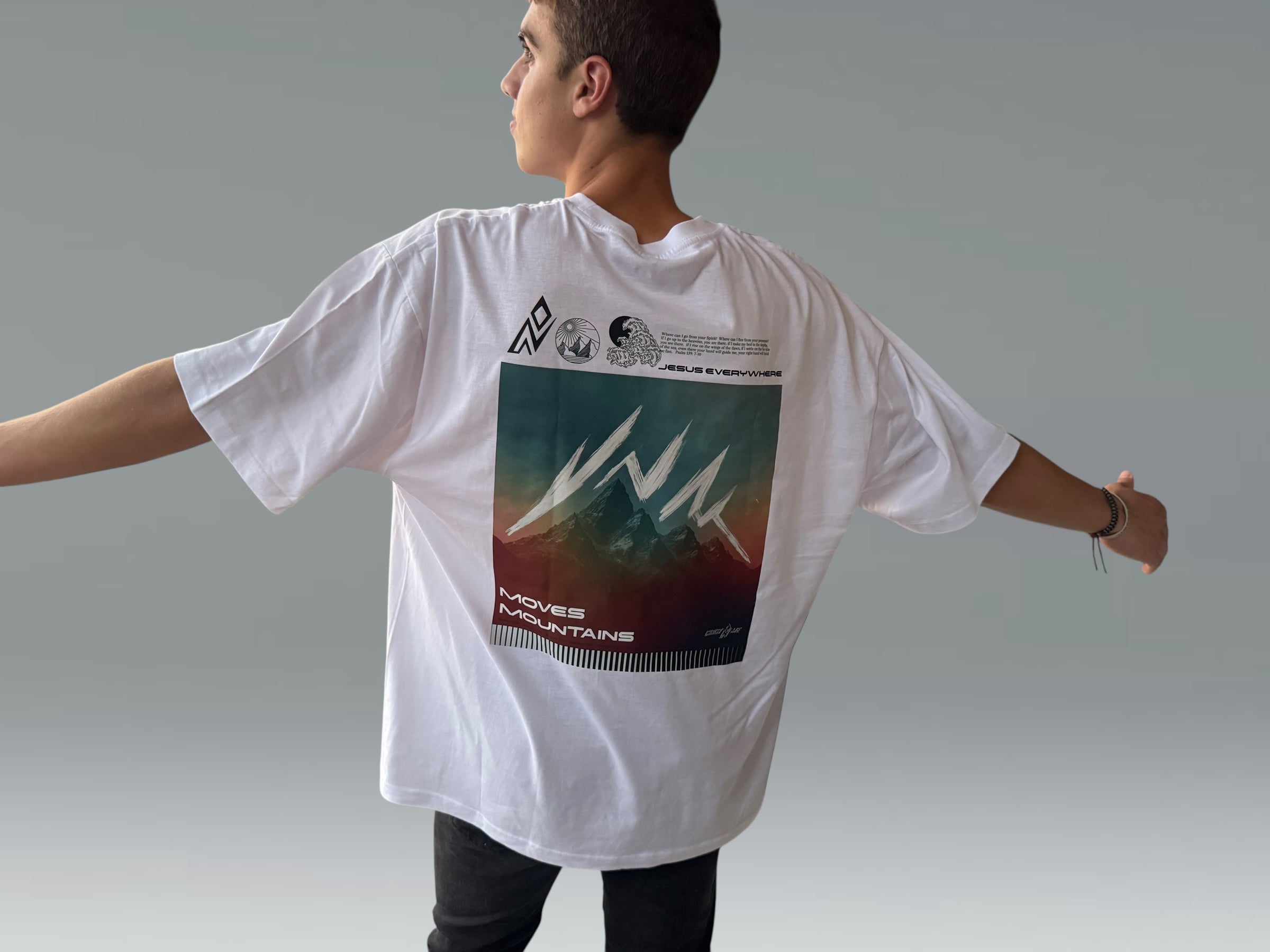JESUS EVERYWHERE FAITH MOVES MOUNTAINS OVERSIZED TEE