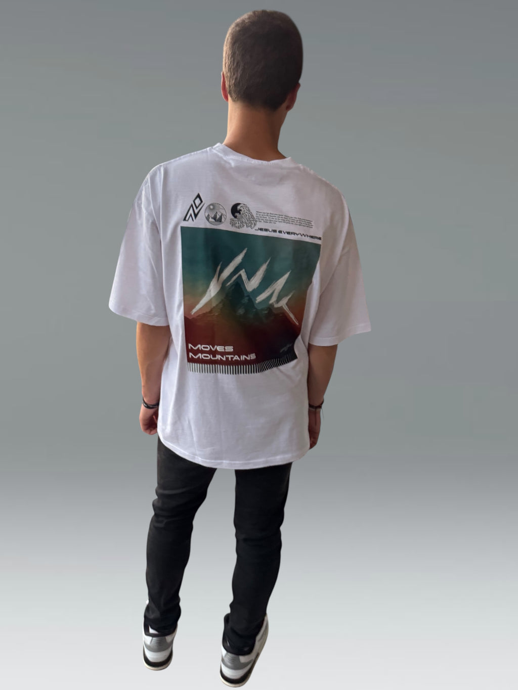 JESUS EVERYWHERE FAITH MOVES MOUNTAINS OVERSIZED TEE