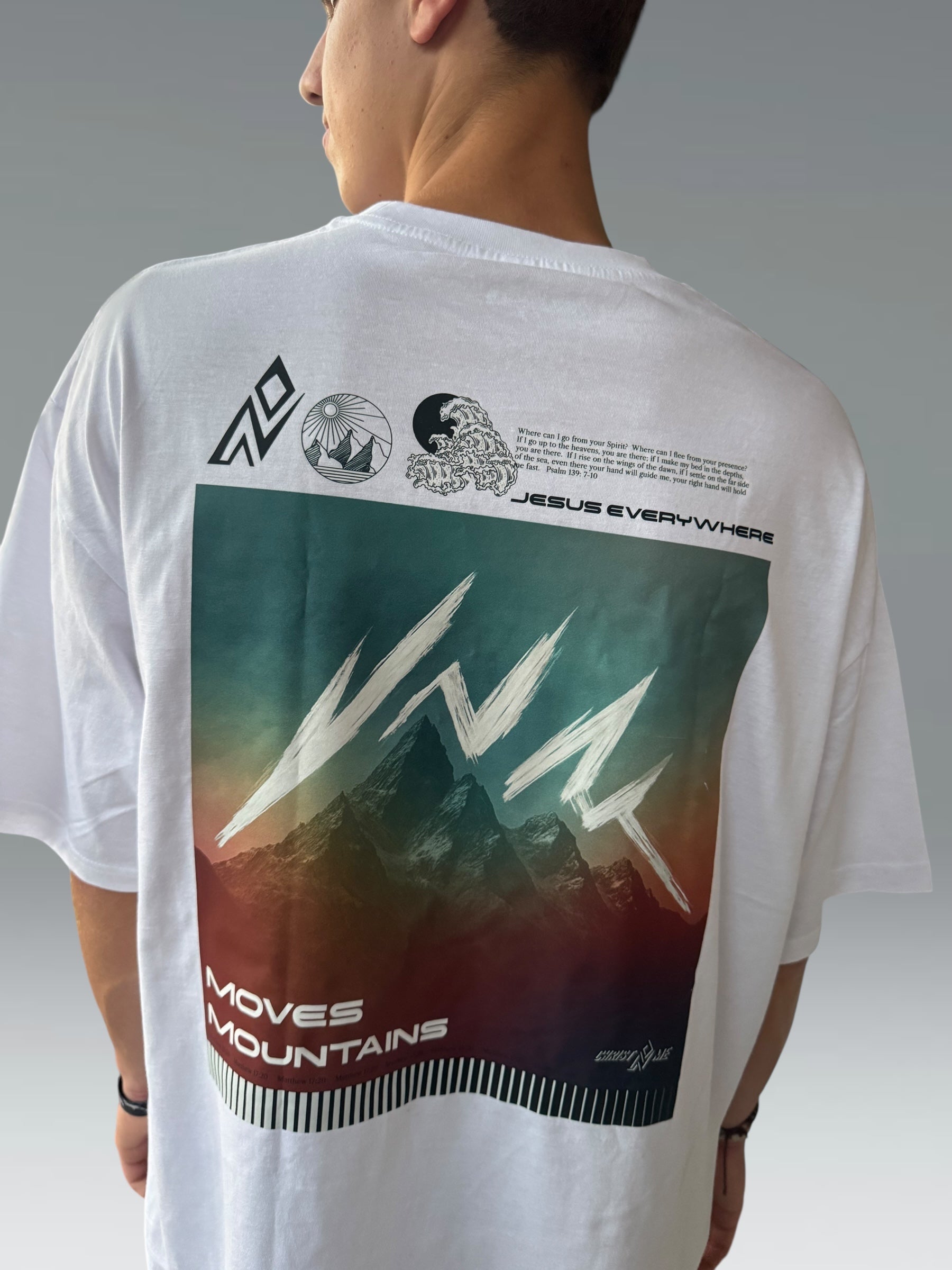JESUS EVERYWHERE FAITH MOVES MOUNTAINS OVERSIZED TEE