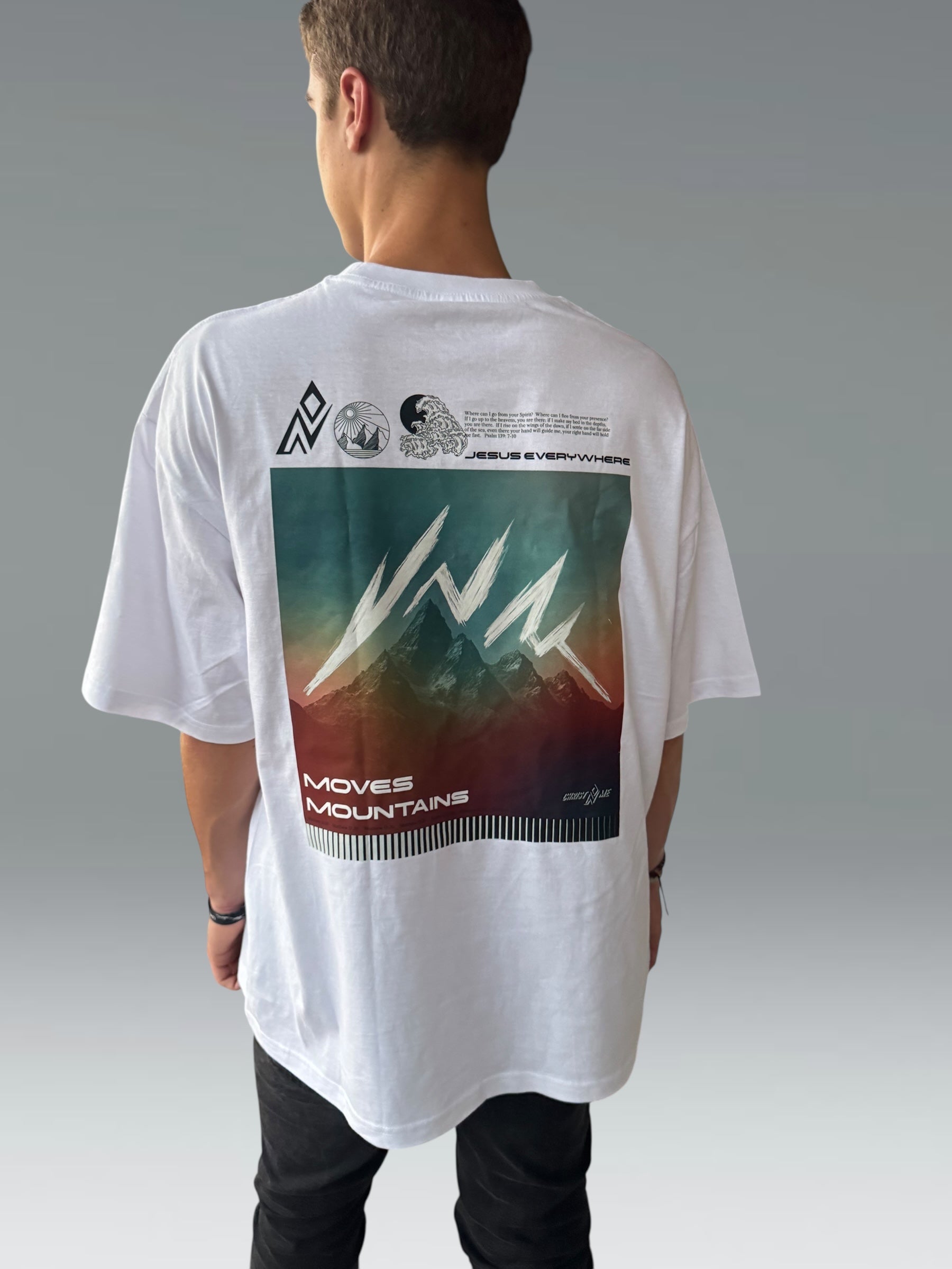 JESUS EVERYWHERE FAITH MOVES MOUNTAINS OVERSIZED TEE