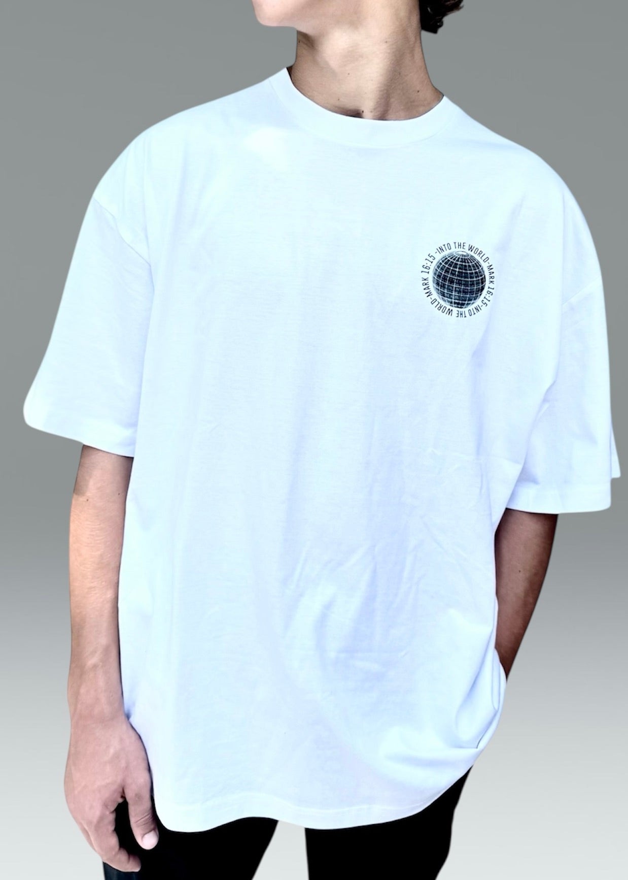 INTO THE WORLD WHITE CHRISTIAN MERCH STREETWEAR OVERSIZED TEE