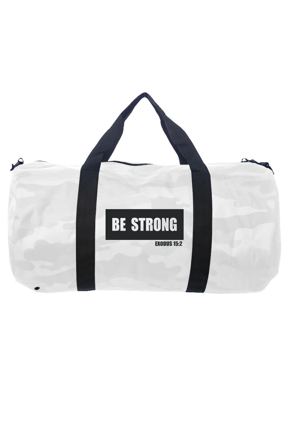 BE STRONG WHITE CAMO ATHLETIC CHRISTIAN MERCH STREETWEAR GYM DUFFLE BAG
